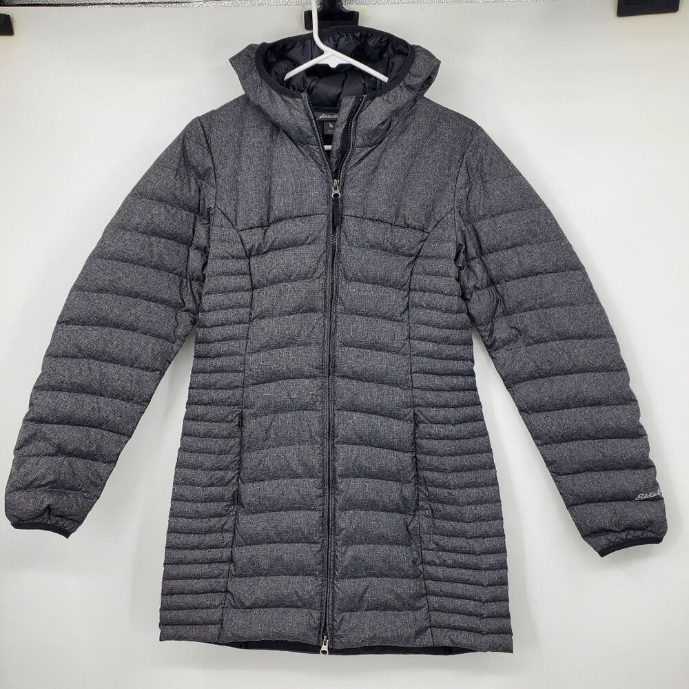 Eddie Bauer Grey Down Women's Long Puffer Jacket Coat Size Small hooded